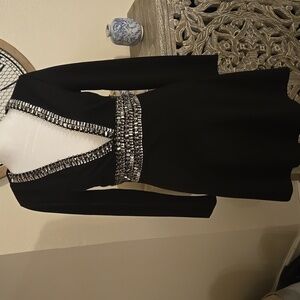 VENUS Black Long Sleeve Dress with Crystal Silver Accents Deep V Neckline NWOT